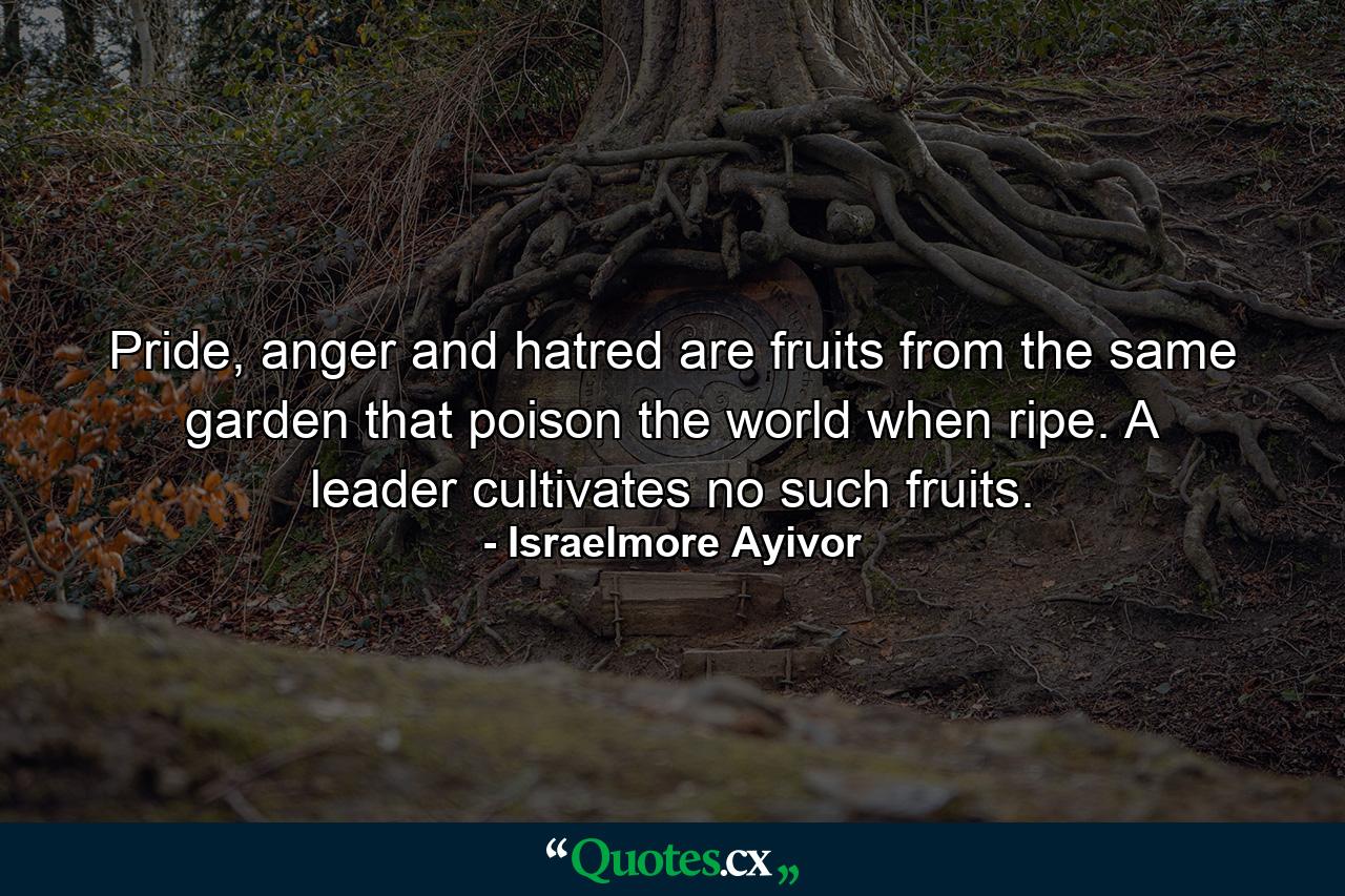 Pride, anger and hatred are fruits from the same garden that poison the world when ripe. A leader cultivates no such fruits. - Quote by Israelmore Ayivor