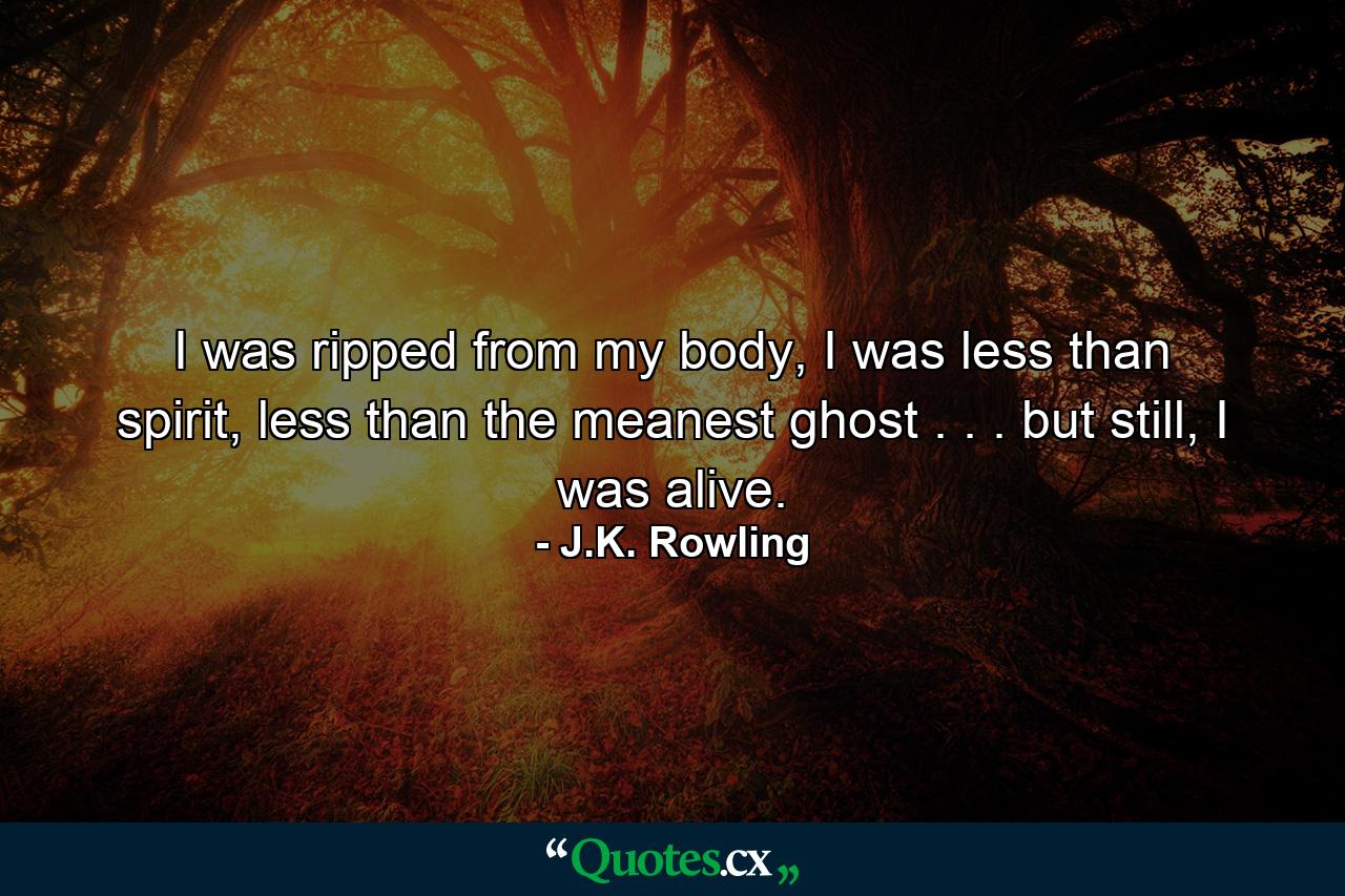 I was ripped from my body, I was less than spirit, less than the meanest ghost . . . but still, I was alive. - Quote by J.K. Rowling