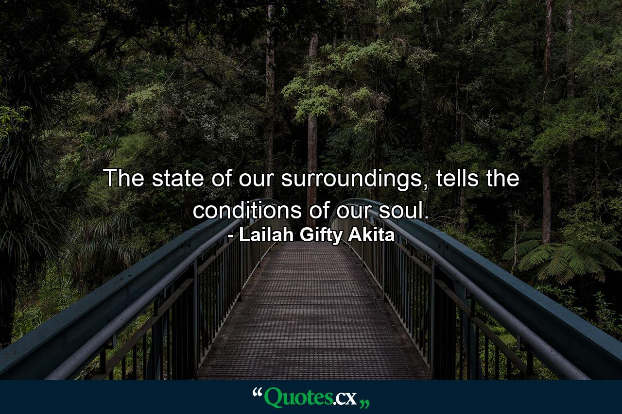 The state of our surroundings, tells the conditions of our soul. - Quote by Lailah Gifty Akita