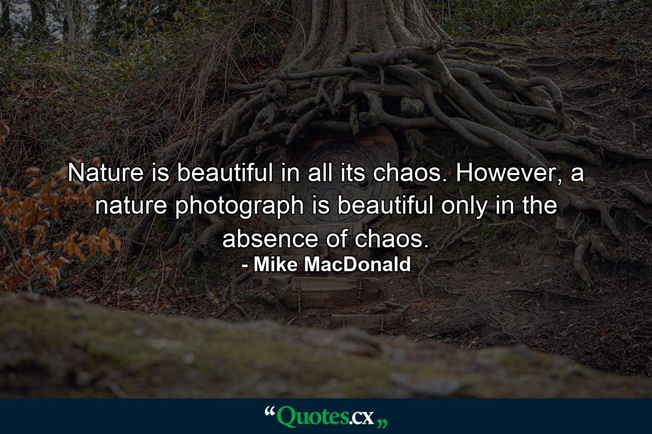 Nature is beautiful in all its chaos. However, a nature photograph is beautiful only in the absence of chaos. - Quote by Mike MacDonald