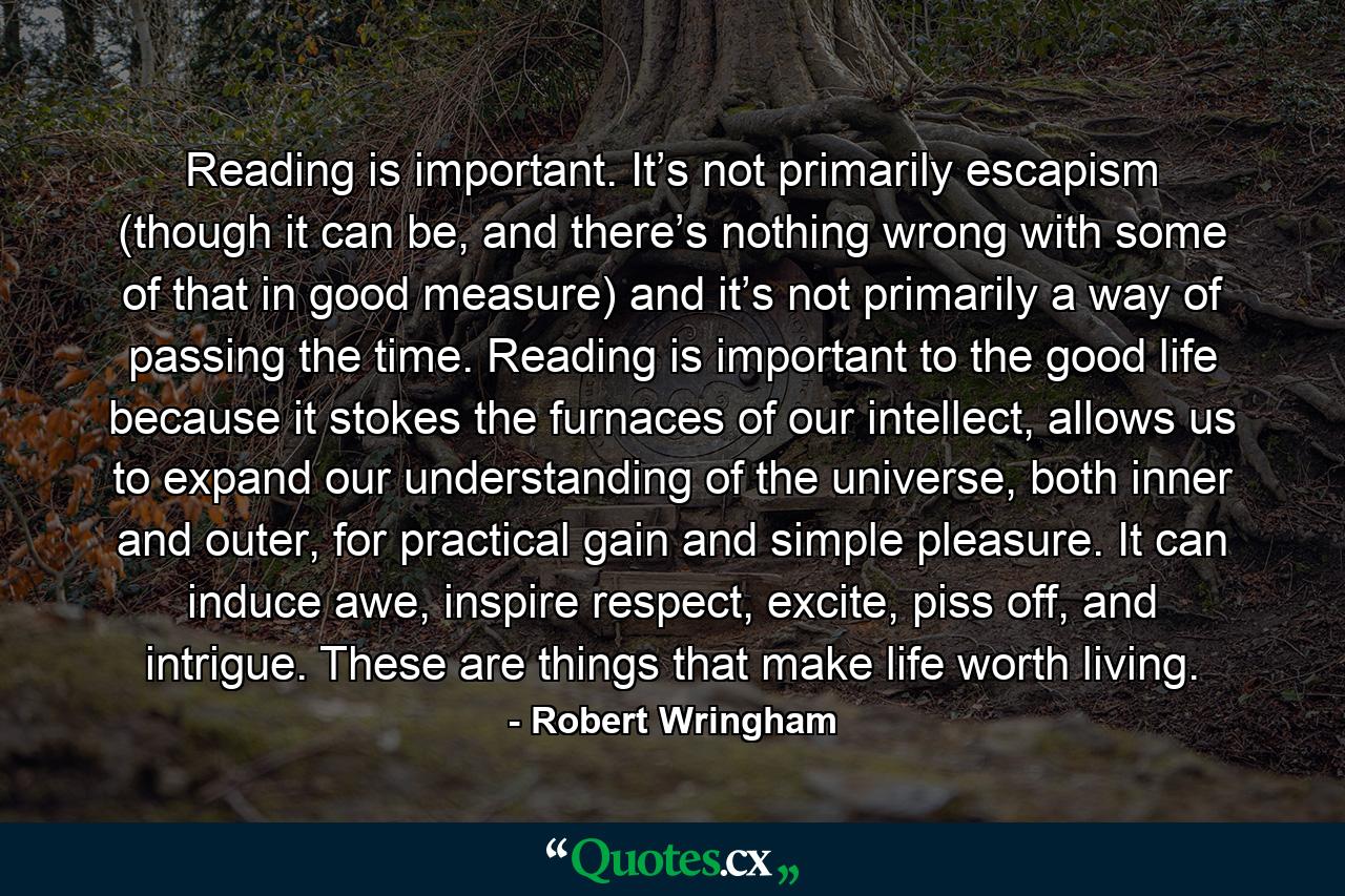 Reading is important. It’s not primarily escapism (though it can be, and there’s nothing wrong with some of that in good measure) and it’s not primarily a way of passing the time. Reading is important to the good life because it stokes the furnaces of our intellect, allows us to expand our understanding of the universe, both inner and outer, for practical gain and simple pleasure. It can induce awe, inspire respect, excite, piss off, and intrigue. These are things that make life worth living. - Quote by Robert Wringham