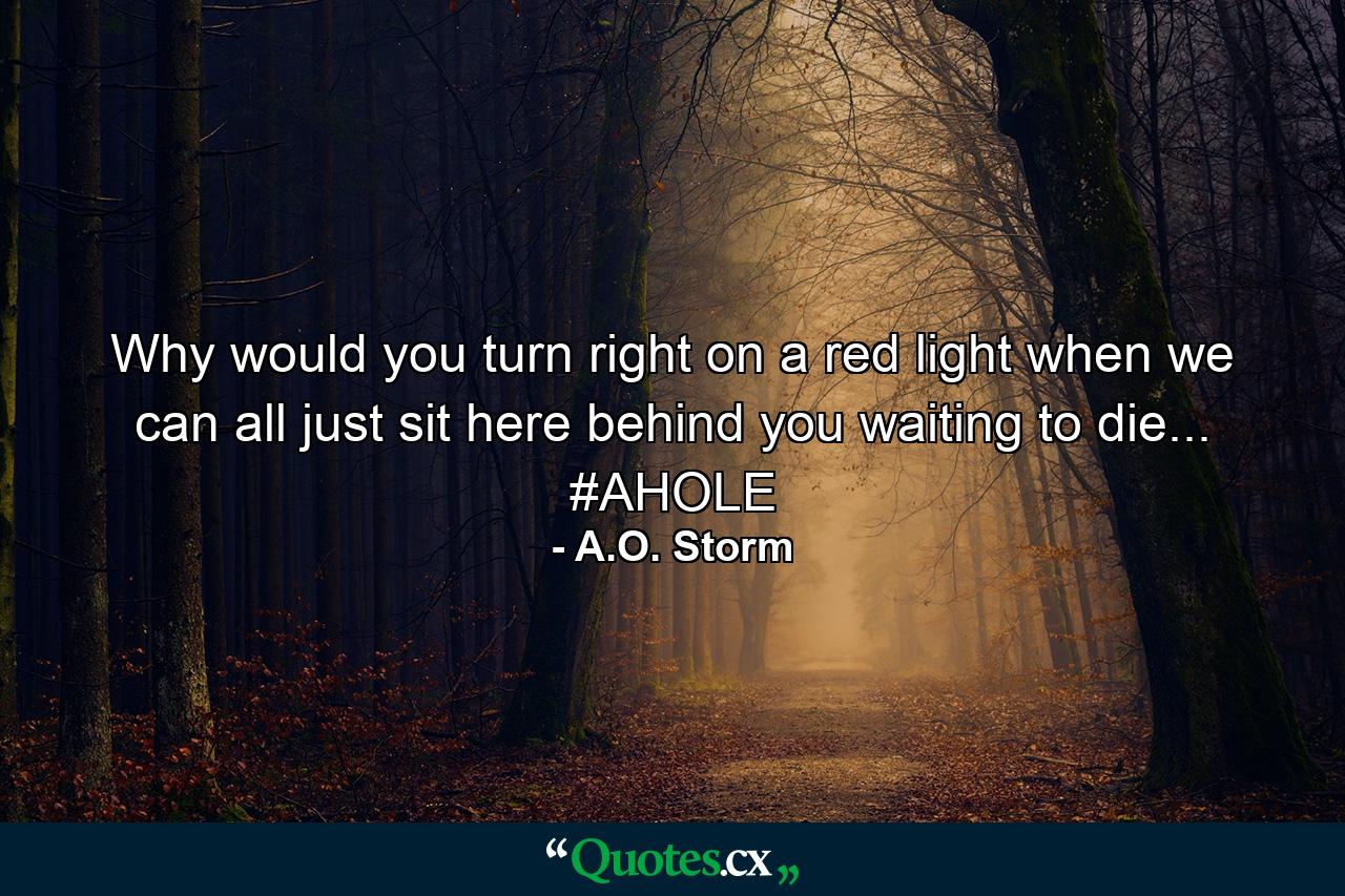 Why would you turn right on a red light when we can all just sit here behind you waiting to die... #AHOLE - Quote by A.O. Storm