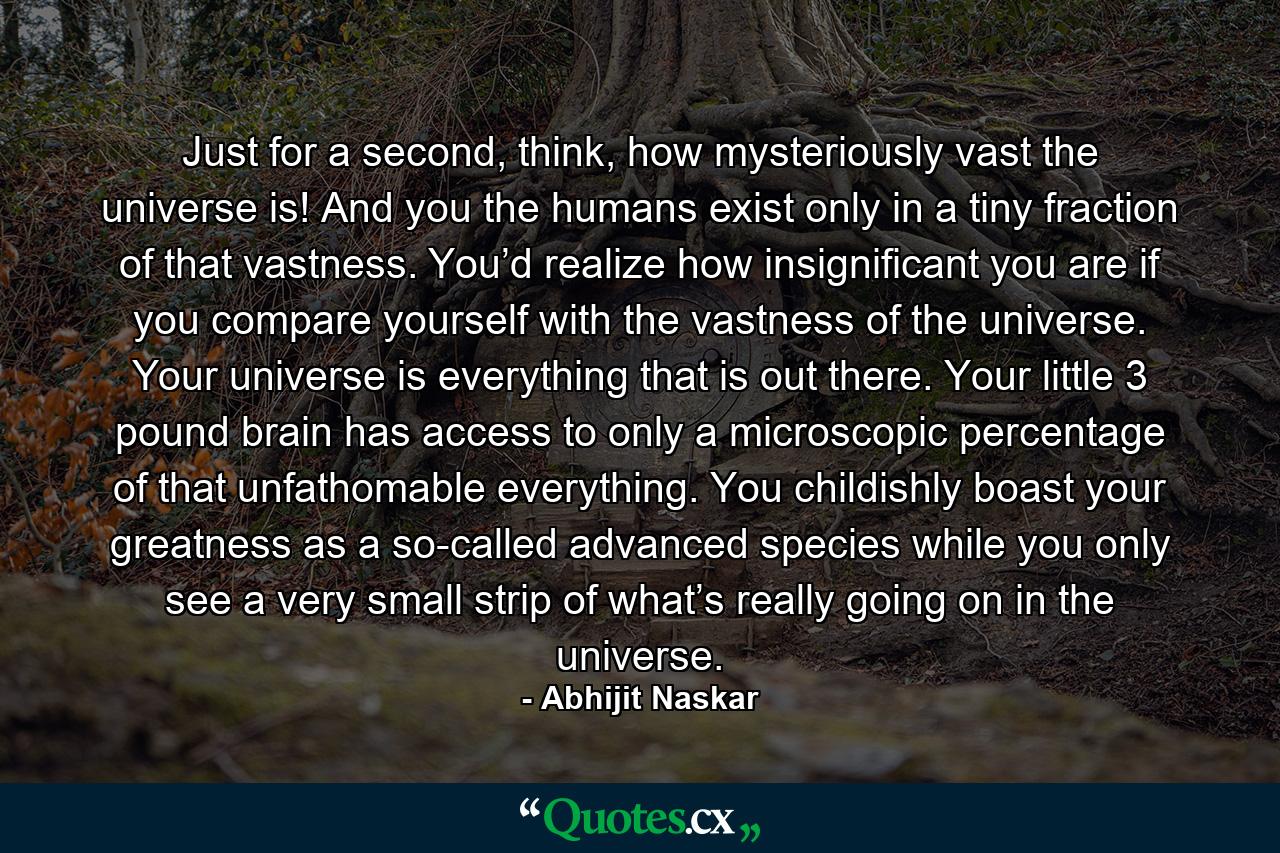 Just for a second, think, how mysteriously vast the universe is! And you the humans exist only in a tiny fraction of that vastness. You’d realize how insignificant you are if you compare yourself with the vastness of the universe. Your universe is everything that is out there. Your little 3 pound brain has access to only a microscopic percentage of that unfathomable everything. You childishly boast your greatness as a so-called advanced species while you only see a very small strip of what’s really going on in the universe. - Quote by Abhijit Naskar