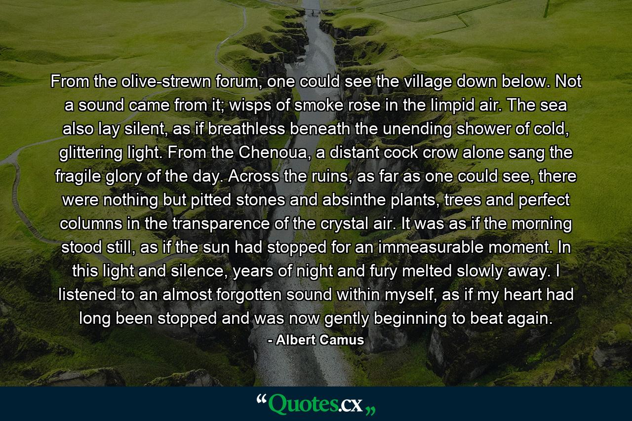 From the olive-strewn forum, one could see the village down below. Not a sound came from it; wisps of smoke rose in the limpid air. The sea also lay silent, as if breathless beneath the unending shower of cold, glittering light. From the Chenoua, a distant cock crow alone sang the fragile glory of the day. Across the ruins, as far as one could see, there were nothing but pitted stones and absinthe plants, trees and perfect columns in the transparence of the crystal air. It was as if the morning stood still, as if the sun had stopped for an immeasurable moment. In this light and silence, years of night and fury melted slowly away. I listened to an almost forgotten sound within myself, as if my heart had long been stopped and was now gently beginning to beat again. - Quote by Albert Camus