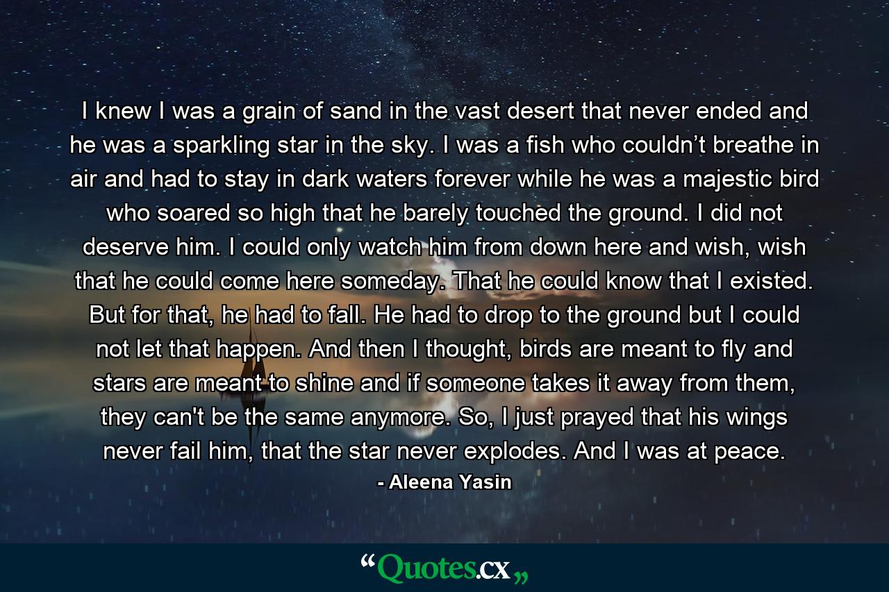 I knew I was a grain of sand in the vast desert that never ended and he was a sparkling star in the sky. I was a fish who couldn’t breathe in air and had to stay in dark waters forever while he was a majestic bird who soared so high that he barely touched the ground. I did not deserve him. I could only watch him from down here and wish, wish that he could come here someday. That he could know that I existed. But for that, he had to fall. He had to drop to the ground but I could not let that happen. And then I thought, birds are meant to fly and stars are meant to shine and if someone takes it away from them, they can't be the same anymore. So, I just prayed that his wings never fail him, that the star never explodes. And I was at peace. - Quote by Aleena Yasin