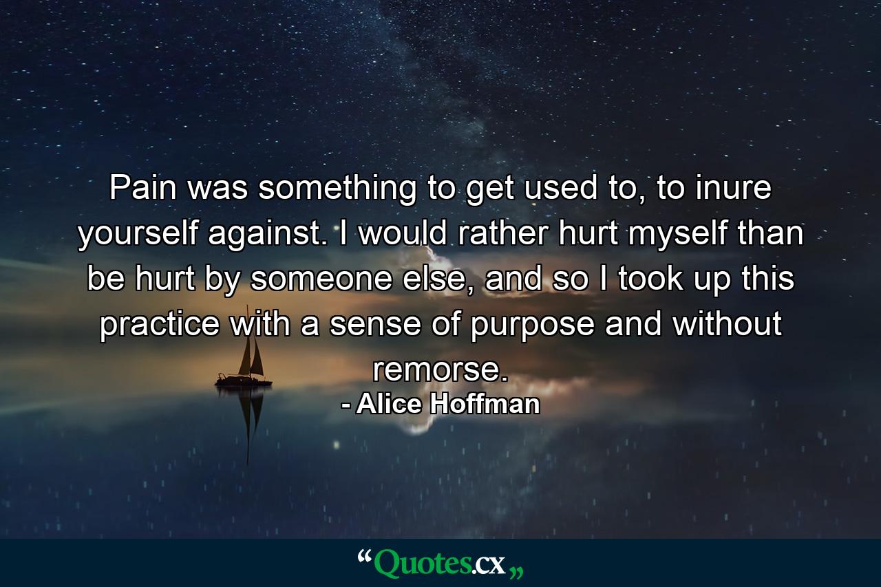 Pain was something to get used to, to inure yourself against. I would rather hurt myself than be hurt by someone else, and so I took up this practice with a sense of purpose and without remorse. - Quote by Alice Hoffman