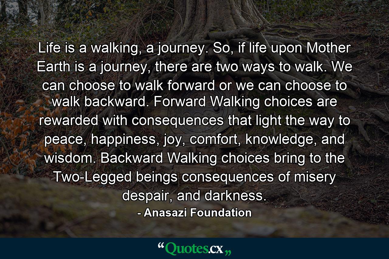 Life is a walking, a journey. So, if life upon Mother Earth is a journey, there are two ways to walk. We can choose to walk forward or we can choose to walk backward. Forward Walking choices are rewarded with consequences that light the way to peace, happiness, joy, comfort, knowledge, and wisdom. Backward Walking choices bring to the Two-Legged beings consequences of misery despair, and darkness. - Quote by Anasazi Foundation