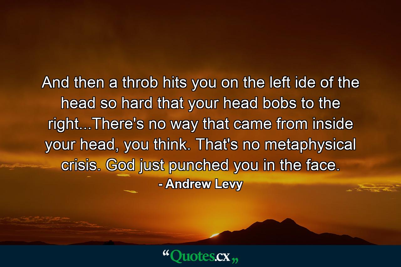 And then a throb hits you on the left ide of the head so hard that your head bobs to the right...There's no way that came from inside your head, you think. That's no metaphysical crisis. God just punched you in the face. - Quote by Andrew Levy