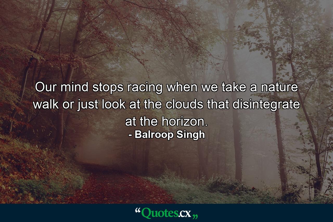 Our mind stops racing when we take a nature walk or just look at the clouds that disintegrate at the horizon. - Quote by Balroop Singh