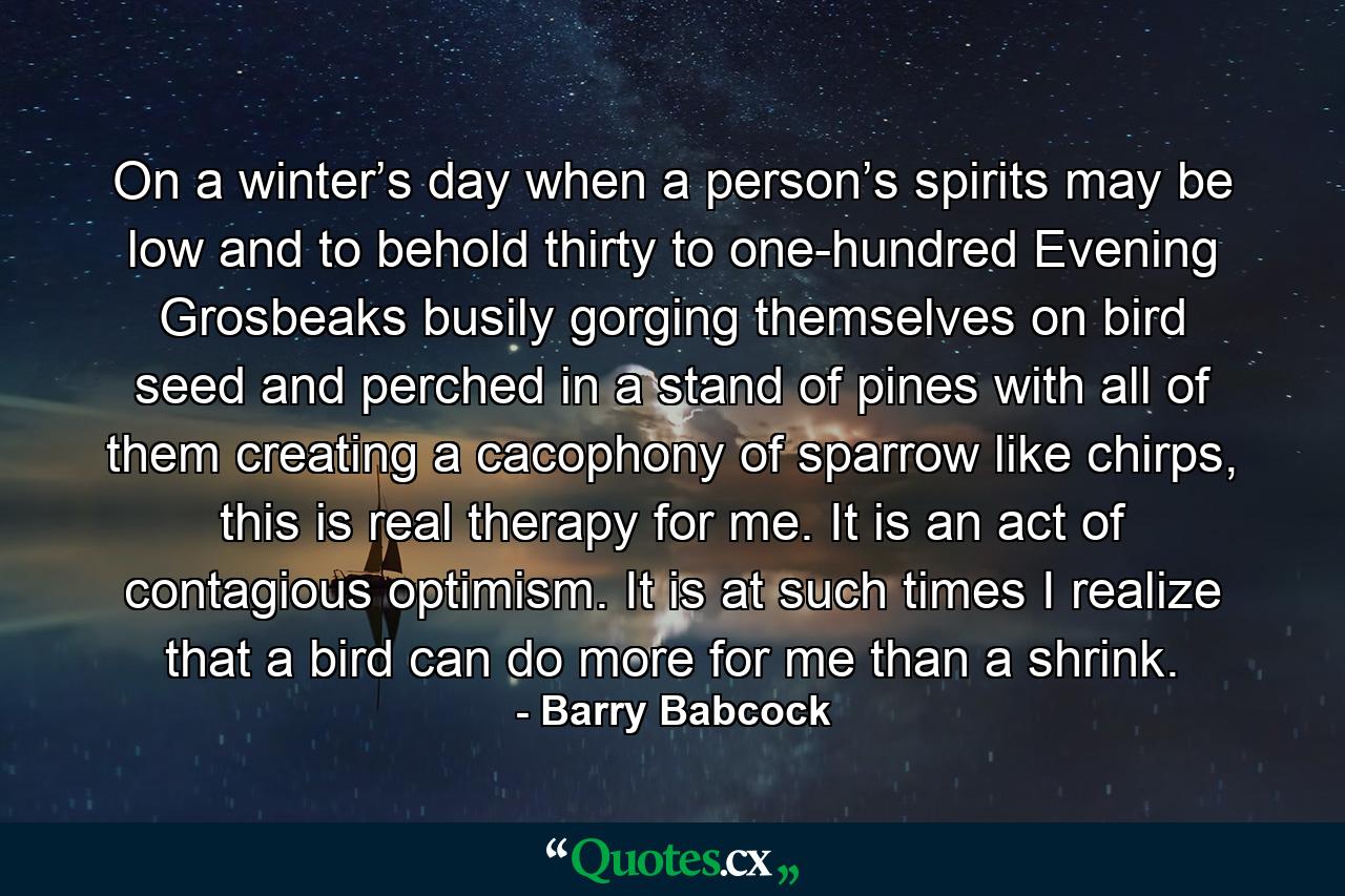 On a winter’s day when a person’s spirits may be low and to behold thirty to one-hundred Evening Grosbeaks busily gorging themselves on bird seed and perched in a stand of pines with all of them creating a cacophony of sparrow like chirps, this is real therapy for me. It is an act of contagious optimism. It is at such times I realize that a bird can do more for me than a shrink. - Quote by Barry Babcock