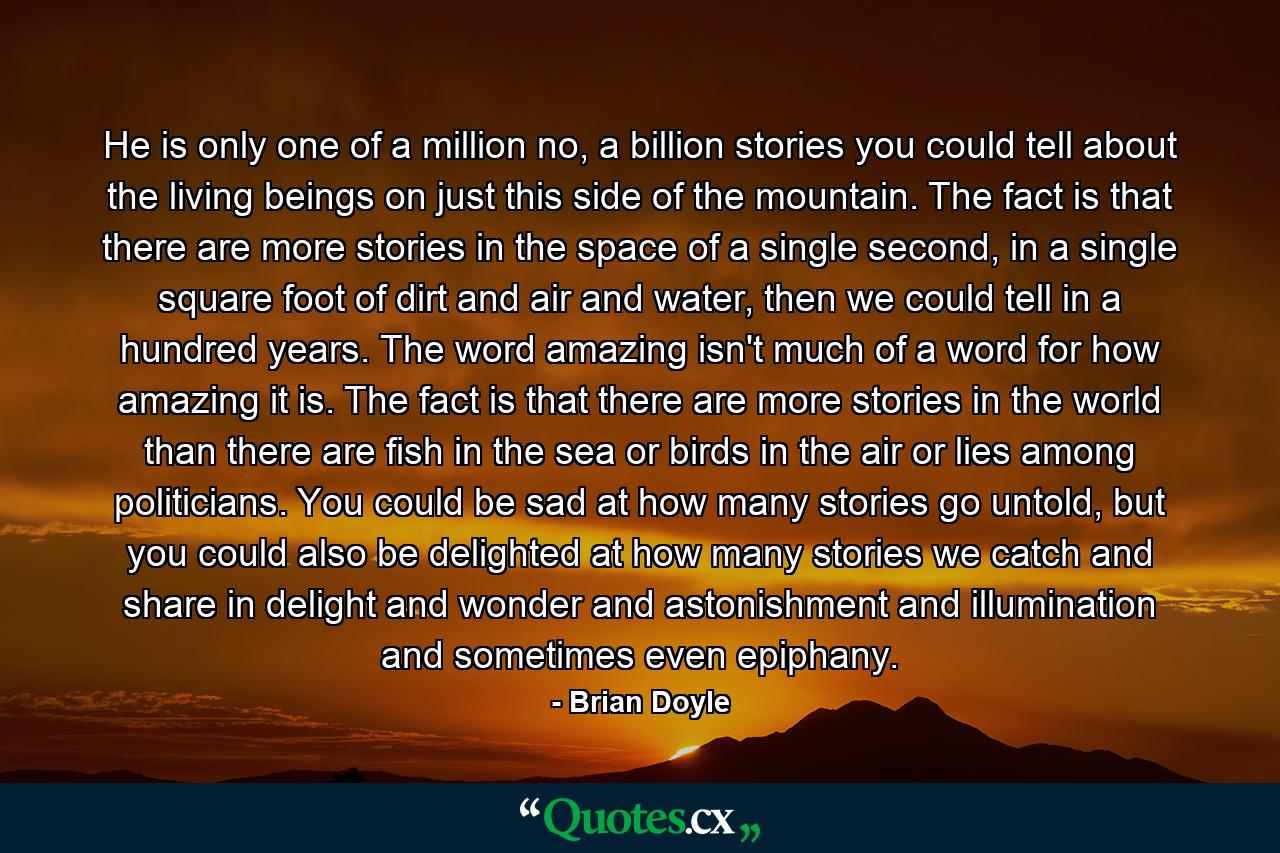 He is only one of a million no, a billion stories you could tell about the living beings on just this side of the mountain. The fact is that there are more stories in the space of a single second, in a single square foot of dirt and air and water, then we could tell in a hundred years. The word amazing isn't much of a word for how amazing it is. The fact is that there are more stories in the world than there are fish in the sea or birds in the air or lies among politicians. You could be sad at how many stories go untold, but you could also be delighted at how many stories we catch and share in delight and wonder and astonishment and illumination and sometimes even epiphany. - Quote by Brian Doyle