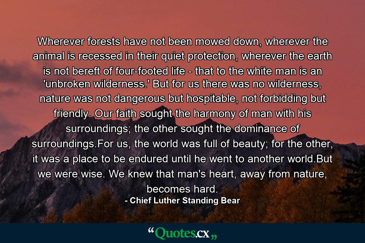 Wherever forests have not been mowed down, wherever the animal is recessed in their quiet protection, wherever the earth is not bereft of four-footed life - that to the white man is an 'unbroken wilderness.' But for us there was no wilderness, nature was not dangerous but hospitable, not forbidding but friendly. Our faith sought the harmony of man with his surroundings; the other sought the dominance of surroundings.For us, the world was full of beauty; for the other, it was a place to be endured until he went to another world.But we were wise. We knew that man's heart, away from nature, becomes hard. - Quote by Chief Luther Standing Bear