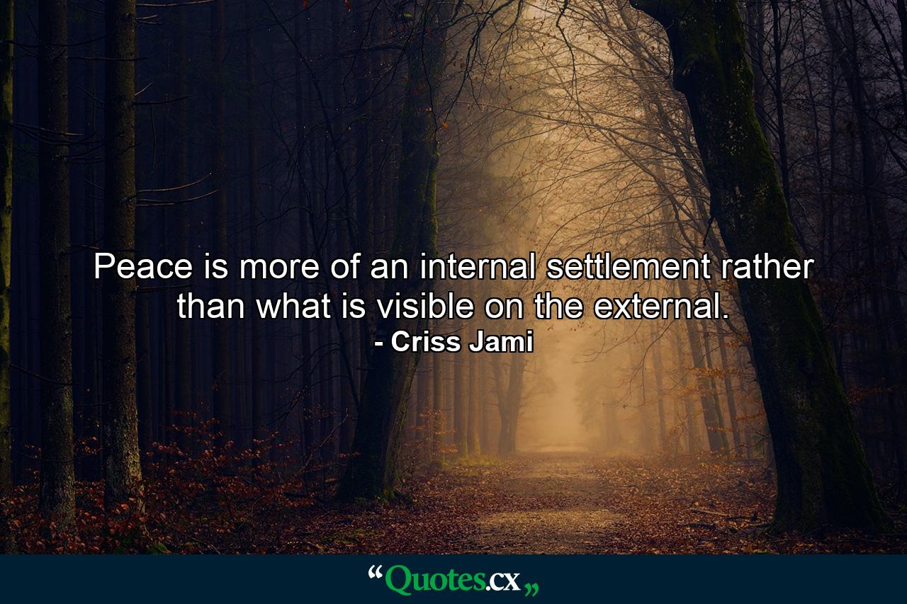 Peace is more of an internal settlement rather than what is visible on the external. - Quote by Criss Jami