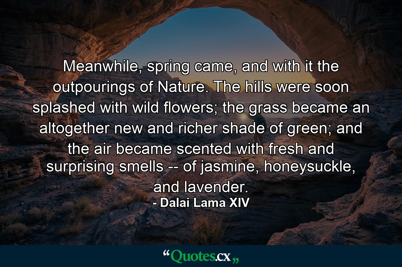 Meanwhile, spring came, and with it the outpourings of Nature. The hills were soon splashed with wild flowers; the grass became an altogether new and richer shade of green; and the air became scented with fresh and surprising smells -- of jasmine, honeysuckle, and lavender. - Quote by Dalai Lama XIV