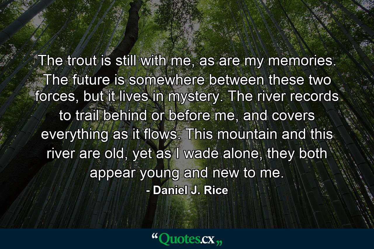 The trout is still with me, as are my memories. The future is somewhere between these two forces, but it lives in mystery. The river records to trail behind or before me, and covers everything as it flows. This mountain and this river are old, yet as I wade alone, they both appear young and new to me. - Quote by Daniel J. Rice