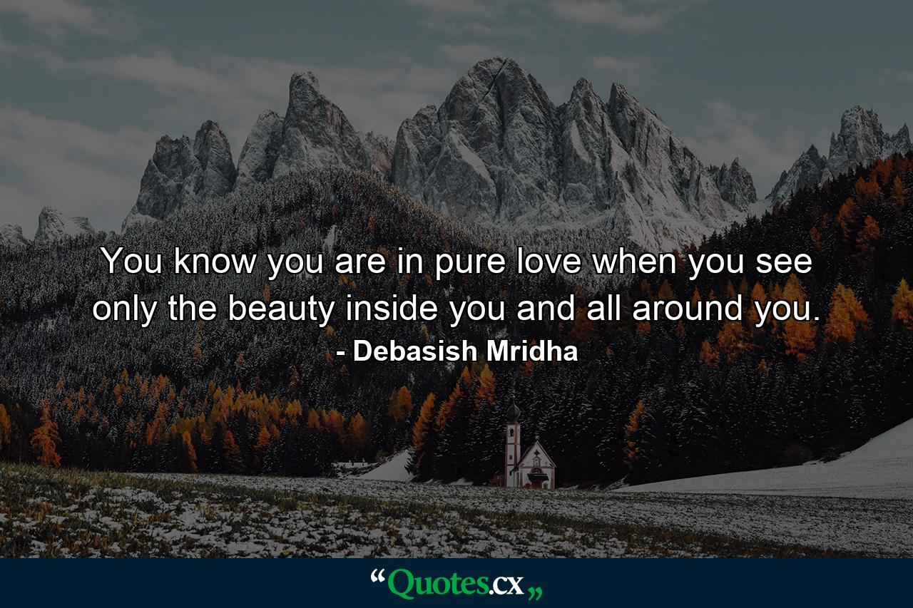 You know you are in pure love when you see only the beauty inside you and all around you. - Quote by Debasish Mridha