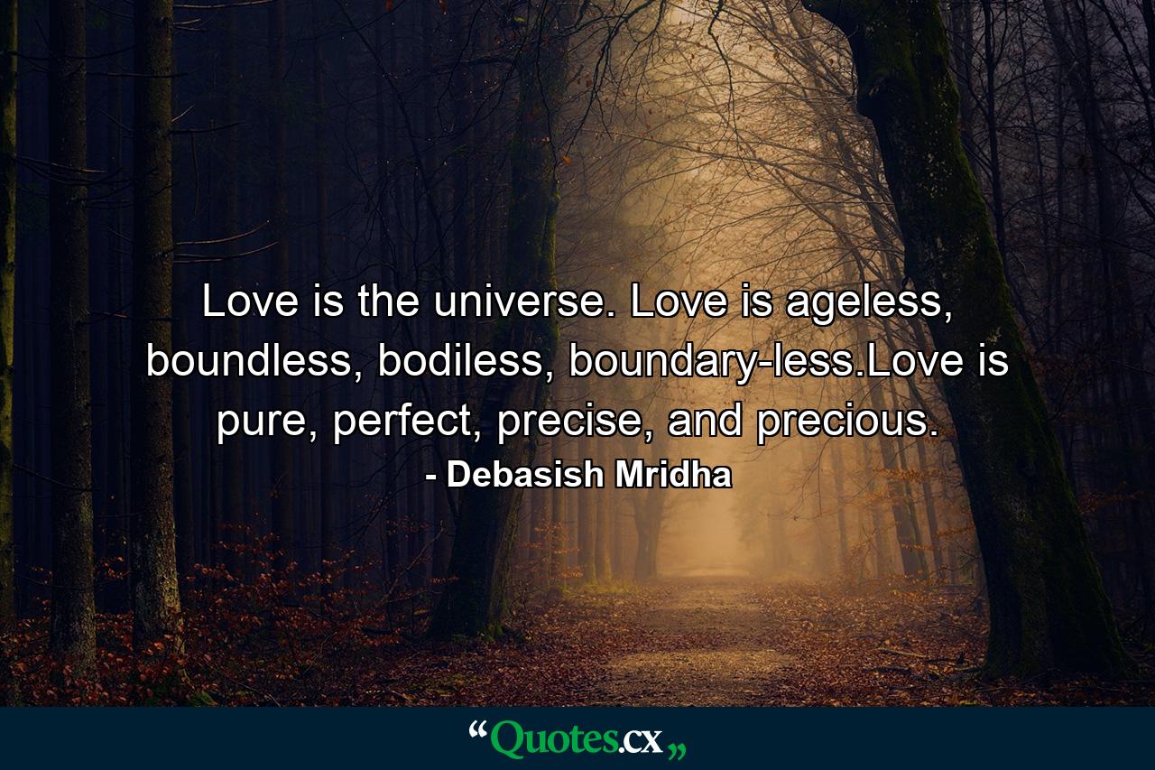 Love is the universe. Love is ageless, boundless, bodiless, boundary-less.Love is pure, perfect, precise, and precious. - Quote by Debasish Mridha