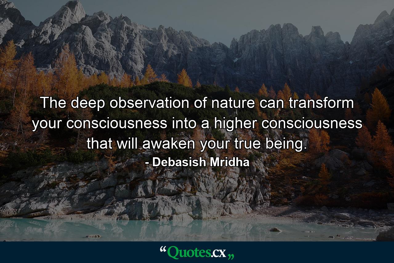 The deep observation of nature can transform your consciousness into a higher consciousness that will awaken your true being. - Quote by Debasish Mridha