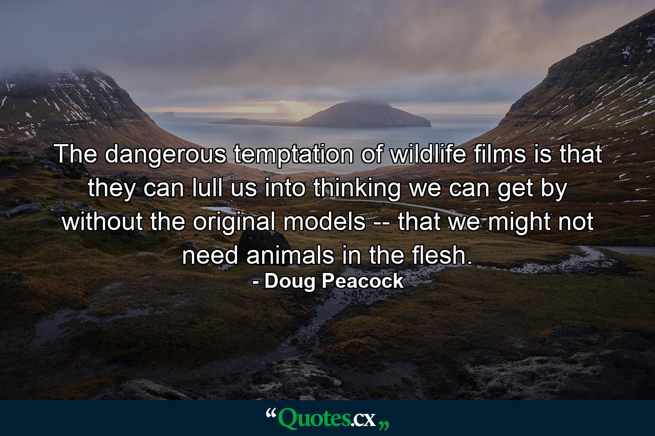 The dangerous temptation of wildlife films is that they can lull us into thinking we can get by without the original models -- that we might not need animals in the flesh. - Quote by Doug Peacock