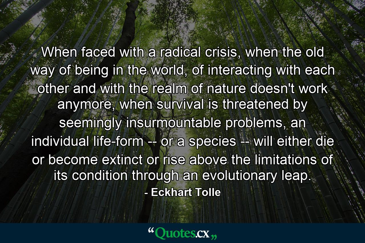 When faced with a radical crisis, when the old way of being in the world, of interacting with each other and with the realm of nature doesn't work anymore, when survival is threatened by seemingly insurmountable problems, an individual life-form -- or a species -- will either die or become extinct or rise above the limitations of its condition through an evolutionary leap. - Quote by Eckhart Tolle