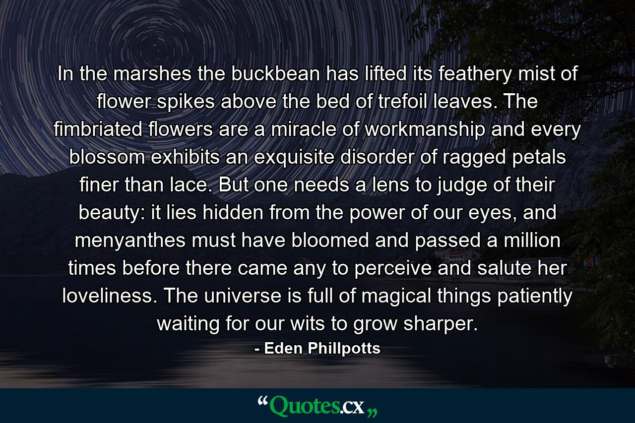 In the marshes the buckbean has lifted its feathery mist of flower spikes above the bed of trefoil leaves. The fimbriated flowers are a miracle of workmanship and every blossom exhibits an exquisite disorder of ragged petals finer than lace. But one needs a lens to judge of their beauty: it lies hidden from the power of our eyes, and menyanthes must have bloomed and passed a million times before there came any to perceive and salute her loveliness. The universe is full of magical things patiently waiting for our wits to grow sharper. - Quote by Eden Phillpotts