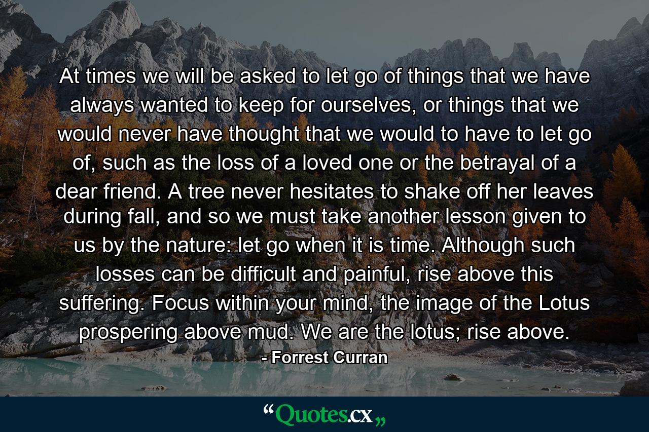 At times we will be asked to let go of things that we have always wanted to keep for ourselves, or things that we would never have thought that we would to have to let go of, such as the loss of a loved one or the betrayal of a dear friend. A tree never hesitates to shake off her leaves during fall, and so we must take another lesson given to us by the nature: let go when it is time. Although such losses can be difficult and painful, rise above this suffering. Focus within your mind, the image of the Lotus prospering above mud. We are the lotus; rise above. - Quote by Forrest Curran