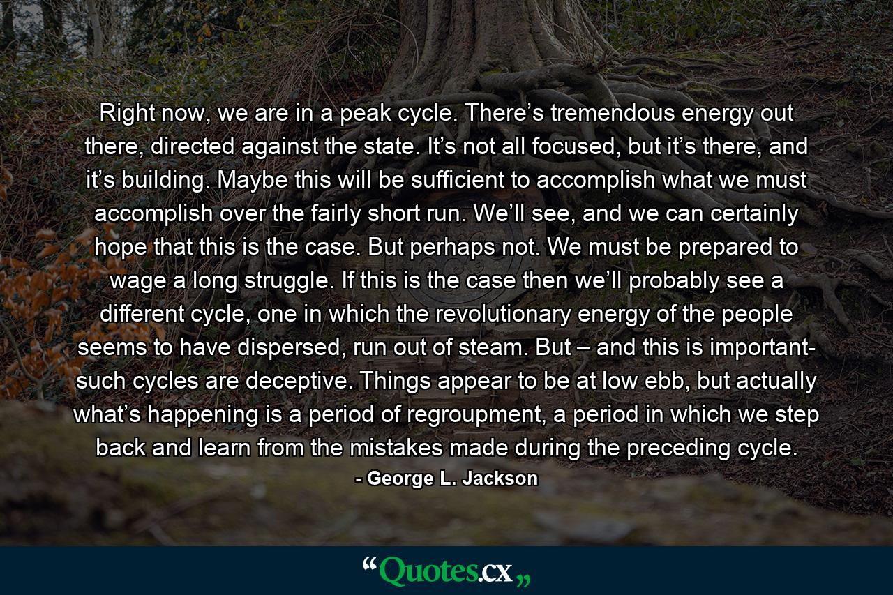 Right now, we are in a peak cycle. There’s tremendous energy out there, directed against the state. It’s not all focused, but it’s there, and it’s building. Maybe this will be sufficient to accomplish what we must accomplish over the fairly short run. We’ll see, and we can certainly hope that this is the case. But perhaps not. We must be prepared to wage a long struggle. If this is the case then we’ll probably see a different cycle, one in which the revolutionary energy of the people seems to have dispersed, run out of steam. But – and this is important- such cycles are deceptive. Things appear to be at low ebb, but actually what’s happening is a period of regroupment, a period in which we step back and learn from the mistakes made during the preceding cycle. - Quote by George L. Jackson