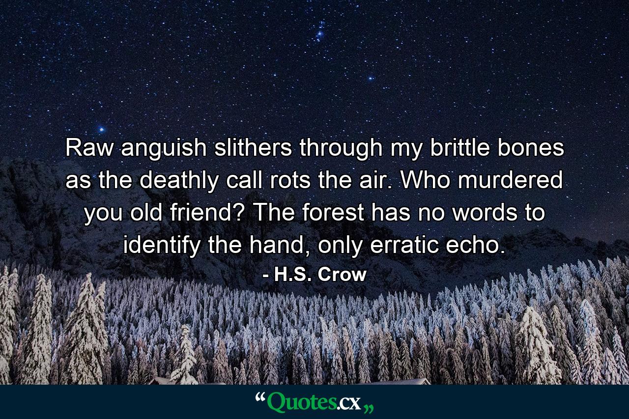 Raw anguish slithers through my brittle bones as the deathly call rots the air. Who murdered you old friend? The forest has no words to identify the hand, only erratic echo. - Quote by H.S. Crow