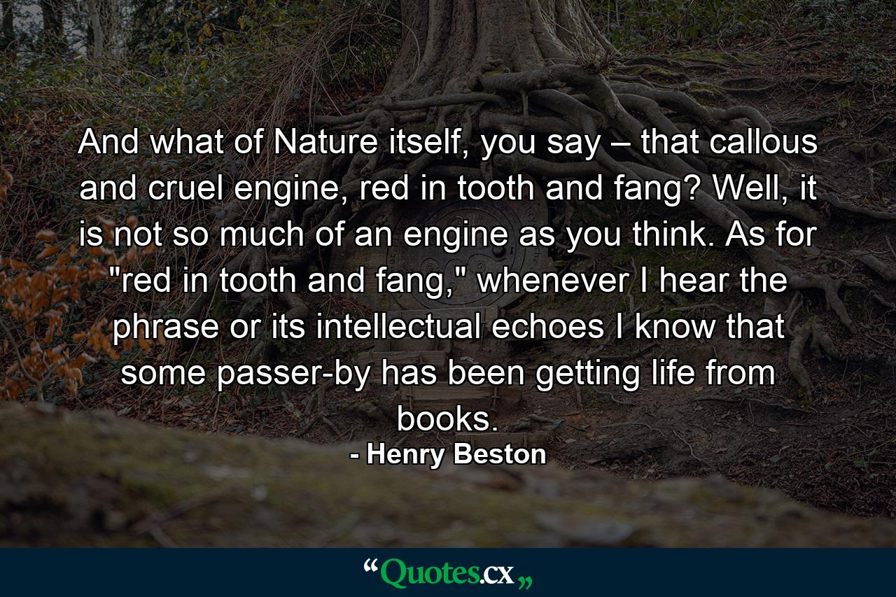 And what of Nature itself, you say – that callous and cruel engine, red in tooth and fang? Well, it is not so much of an engine as you think. As for 