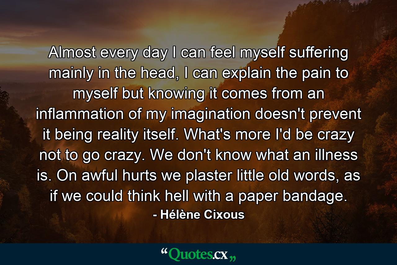 Almost every day I can feel myself suffering mainly in the head, I can explain the pain to myself but knowing it comes from an inflammation of my imagination doesn't prevent it being reality itself. What's more I'd be crazy not to go crazy. We don't know what an illness is. On awful hurts we plaster little old words, as if we could think hell with a paper bandage. - Quote by Hélène Cixous