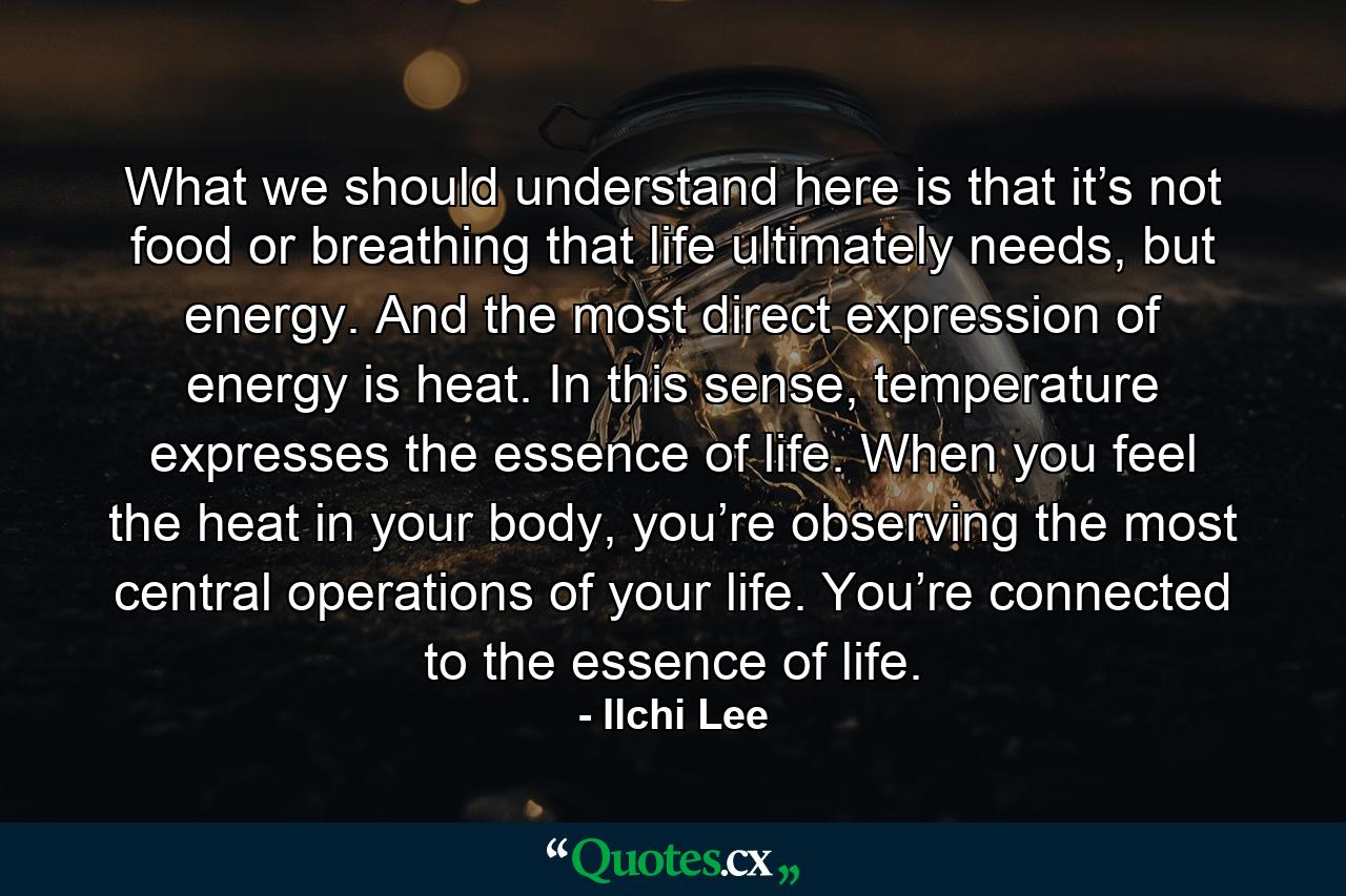 What we should understand here is that it’s not food or breathing that life ultimately needs, but energy. And the most direct expression of energy is heat. In this sense, temperature expresses the essence of life. When you feel the heat in your body, you’re observing the most central operations of your life. You’re connected to the essence of life. - Quote by Ilchi Lee