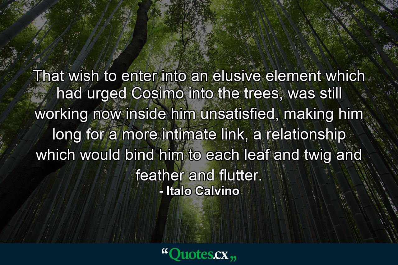 That wish to enter into an elusive element which had urged Cosimo into the trees, was still working now inside him unsatisfied, making him long for a more intimate link, a relationship which would bind him to each leaf and twig and feather and flutter. - Quote by Italo Calvino