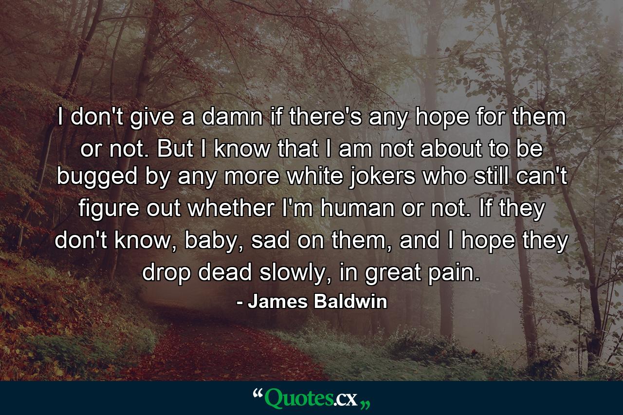 I don't give a damn if there's any hope for them or not. But I know that I am not about to be bugged by any more white jokers who still can't figure out whether I'm human or not. If they don't know, baby, sad on them, and I hope they drop dead slowly, in great pain. - Quote by James Baldwin