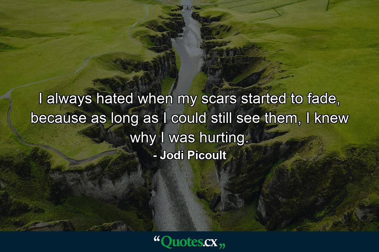 I always hated when my scars started to fade, because as long as I could still see them, I knew why I was hurting. - Quote by Jodi Picoult