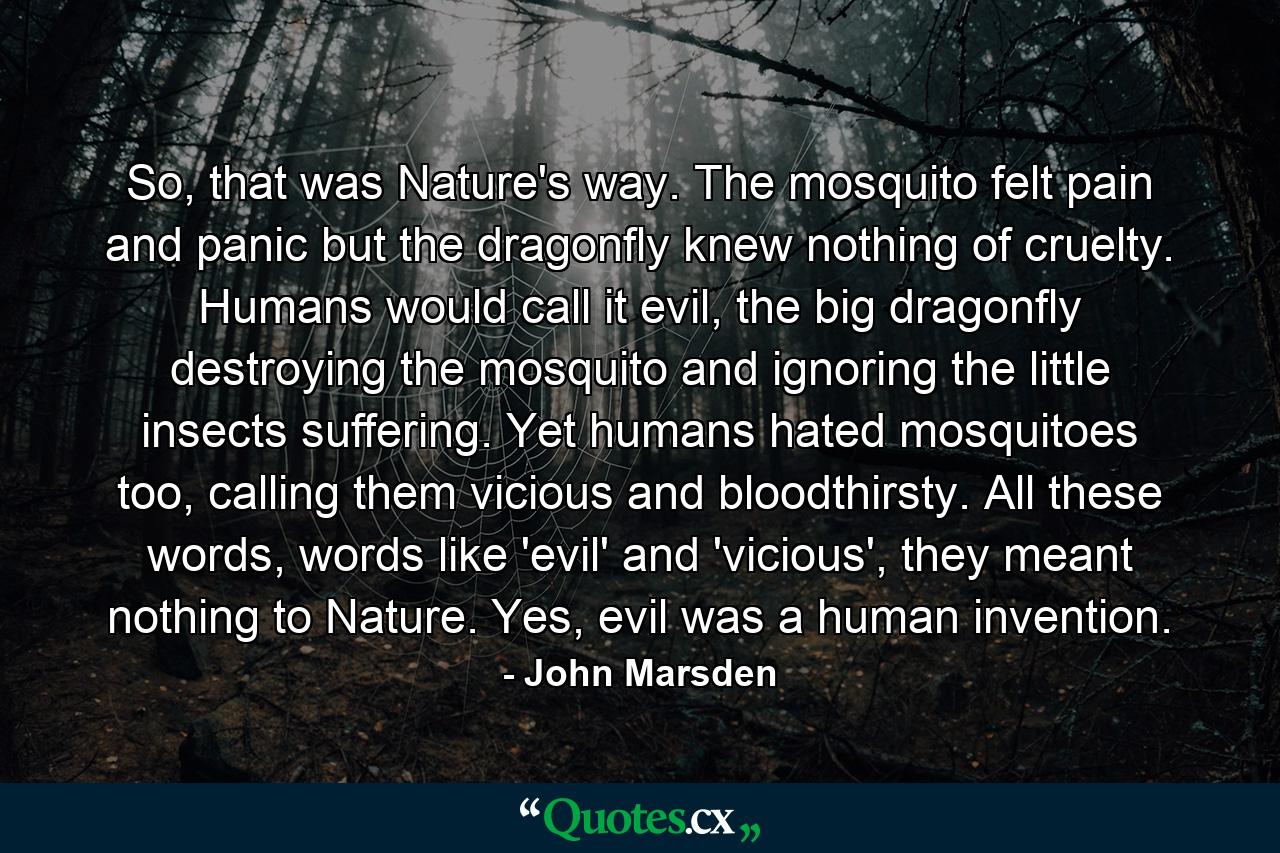 So, that was Nature's way. The mosquito felt pain and panic but the dragonfly knew nothing of cruelty. Humans would call it evil, the big dragonfly destroying the mosquito and ignoring the little insects suffering. Yet humans hated mosquitoes too, calling them vicious and bloodthirsty. All these words, words like 'evil' and 'vicious', they meant nothing to Nature. Yes, evil was a human invention. - Quote by John Marsden