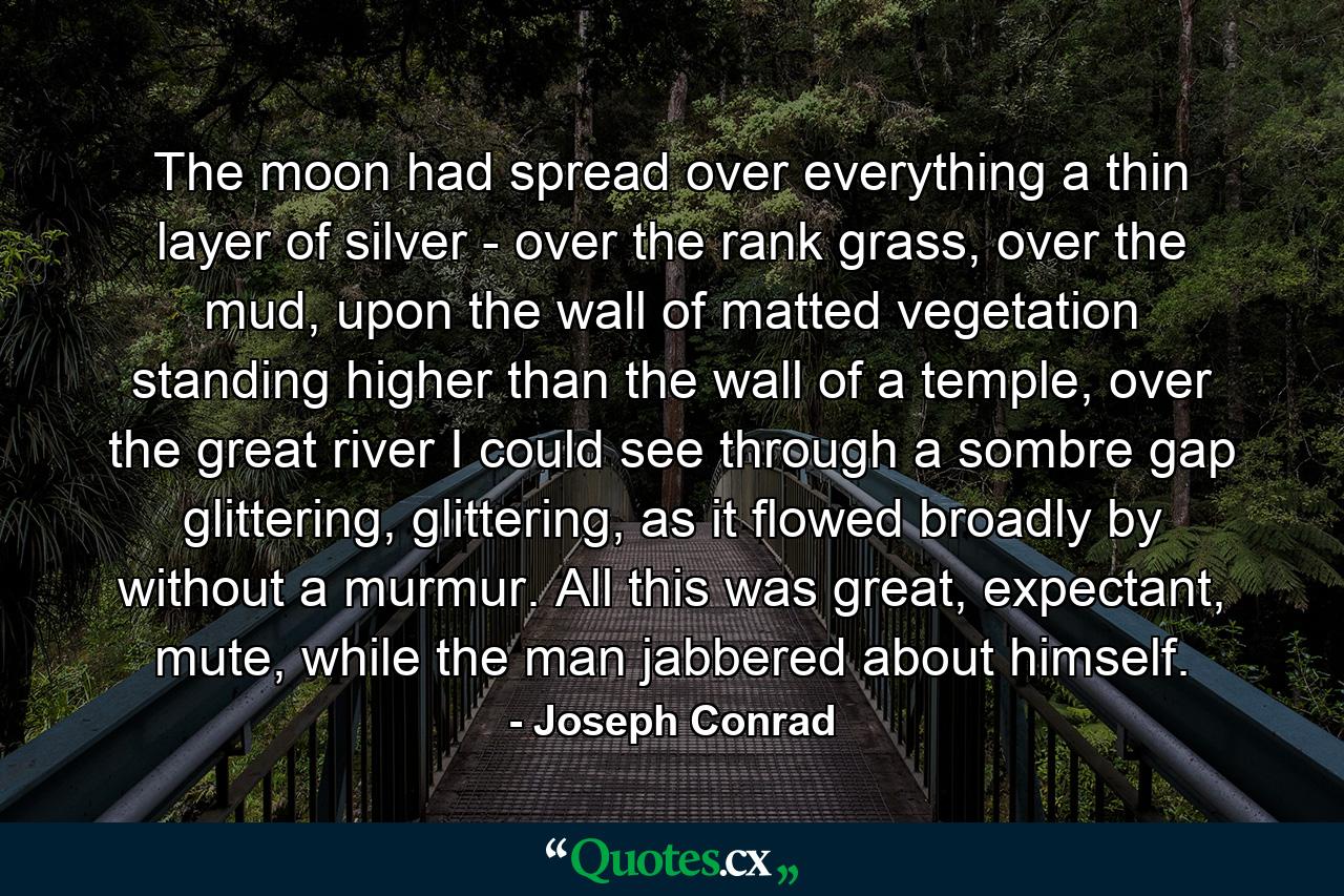 The moon had spread over everything a thin layer of silver - over the rank grass, over the mud, upon the wall of matted vegetation standing higher than the wall of a temple, over the great river I could see through a sombre gap glittering, glittering, as it flowed broadly by without a murmur. All this was great, expectant, mute, while the man jabbered about himself. - Quote by Joseph Conrad