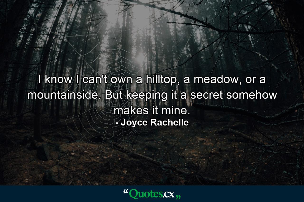 I know I can't own a hilltop, a meadow, or a mountainside. But keeping it a secret somehow makes it mine. - Quote by Joyce Rachelle