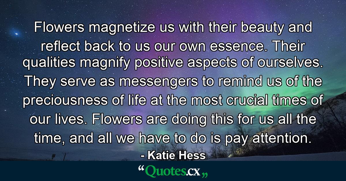 Flowers magnetize us with their beauty and reflect back to us our own essence. Their qualities magnify positive aspects of ourselves. They serve as messengers to remind us of the preciousness of life at the most crucial times of our lives. Flowers are doing this for us all the time, and all we have to do is pay attention. - Quote by Katie Hess