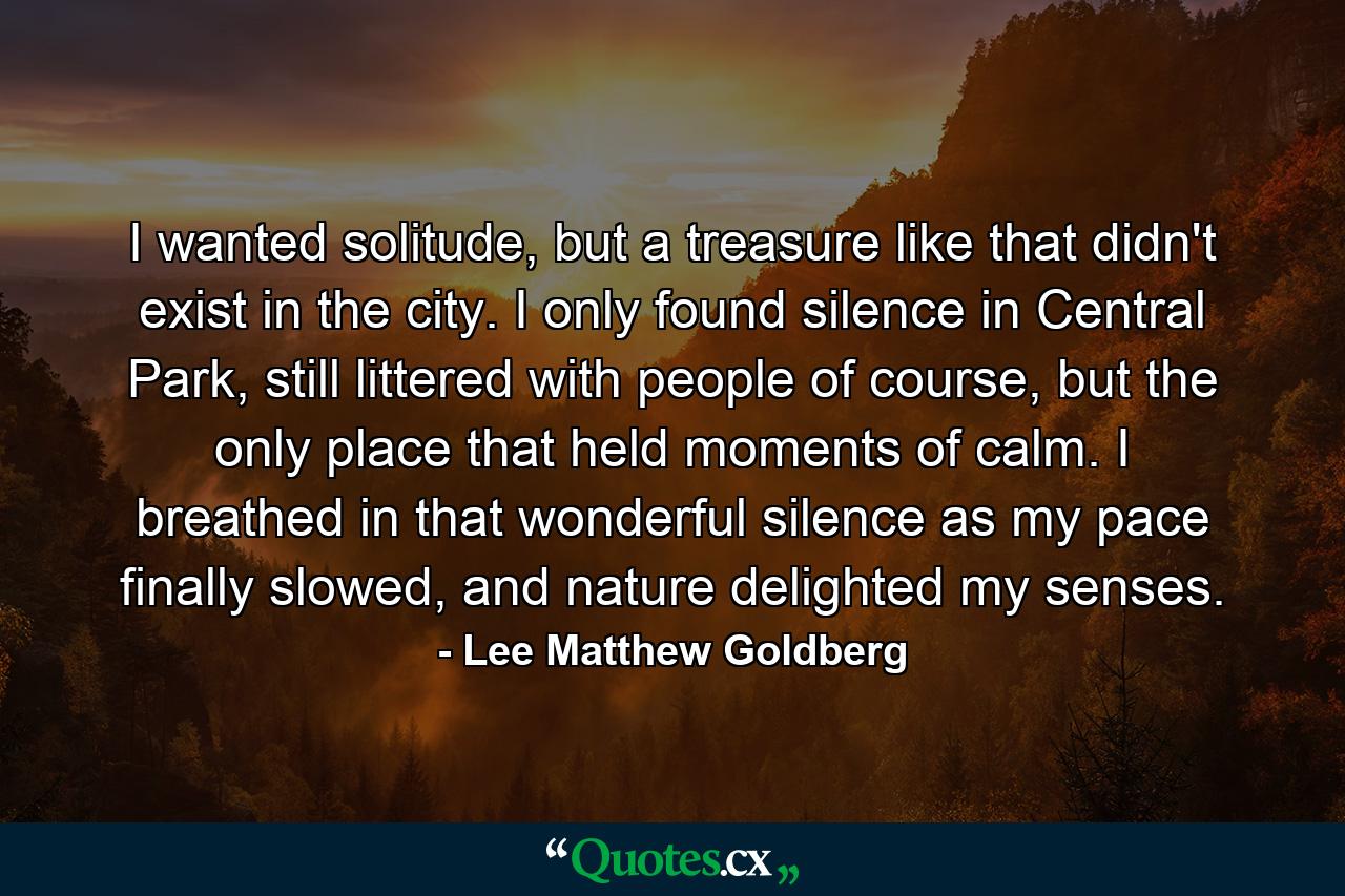 I wanted solitude, but a treasure like that didn't exist in the city. I only found silence in Central Park, still littered with people of course, but the only place that held moments of calm. I breathed in that wonderful silence as my pace finally slowed, and nature delighted my senses. - Quote by Lee Matthew Goldberg