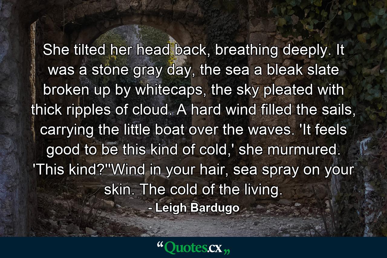 She tilted her head back, breathing deeply. It was a stone gray day, the sea a bleak slate broken up by whitecaps, the sky pleated with thick ripples of cloud. A hard wind filled the sails, carrying the little boat over the waves. 'It feels good to be this kind of cold,' she murmured. 'This kind?''Wind in your hair, sea spray on your skin. The cold of the living. - Quote by Leigh Bardugo