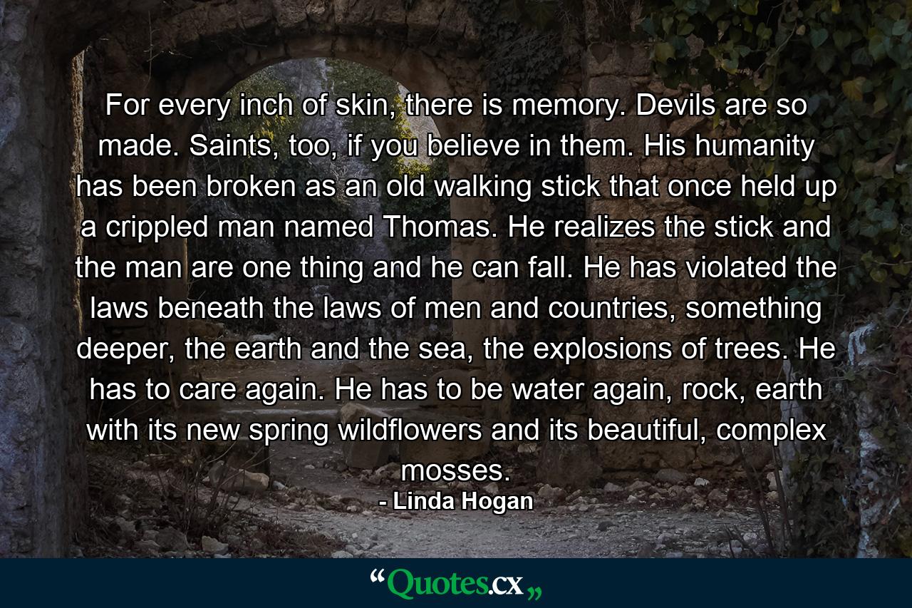 For every inch of skin, there is memory. Devils are so made. Saints, too, if you believe in them. His humanity has been broken as an old walking stick that once held up a crippled man named Thomas. He realizes the stick and the man are one thing and he can fall. He has violated the laws beneath the laws of men and countries, something deeper, the earth and the sea, the explosions of trees. He has to care again. He has to be water again, rock, earth with its new spring wildflowers and its beautiful, complex mosses. - Quote by Linda Hogan