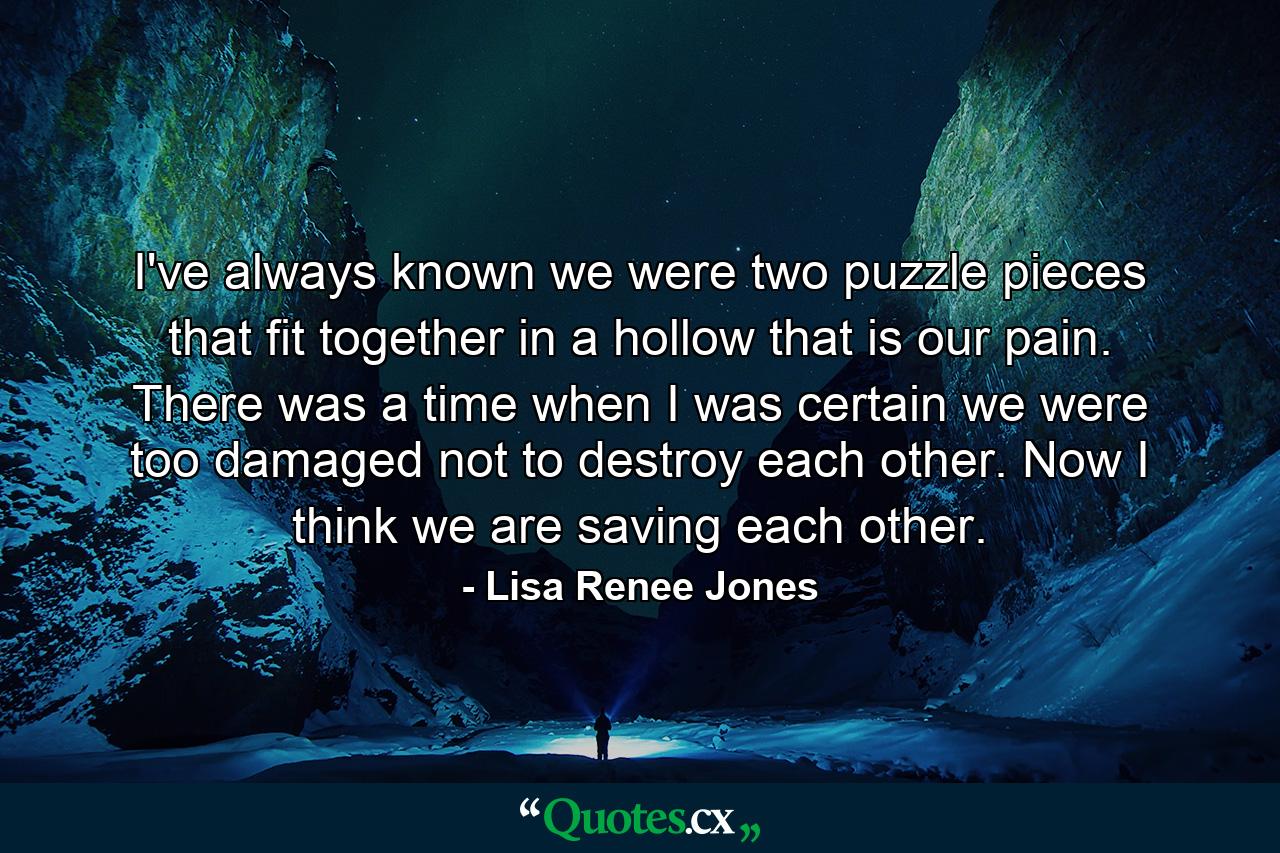 I've always known we were two puzzle pieces that fit together in a hollow that is our pain. There was a time when I was certain we were too damaged not to destroy each other. Now I think we are saving each other. - Quote by Lisa Renee Jones