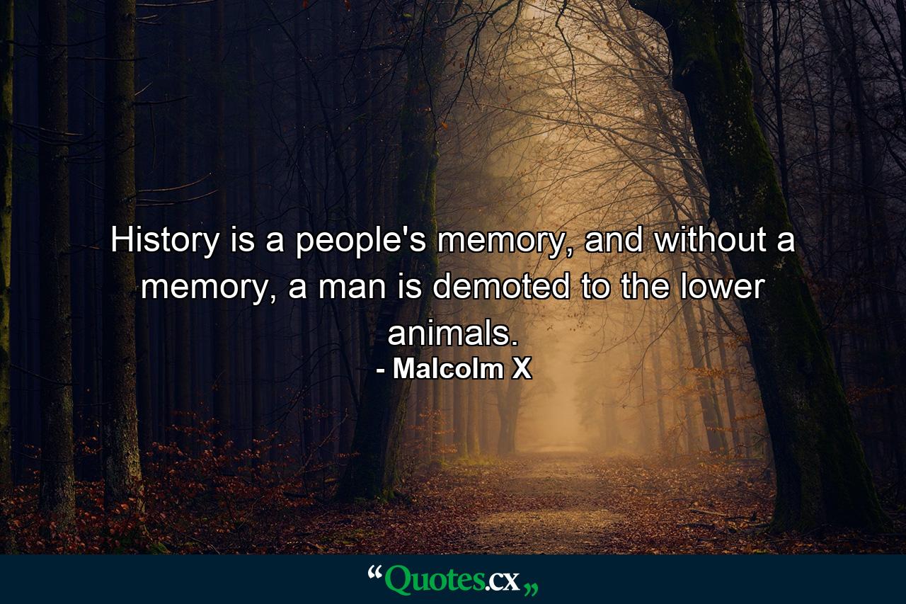 History is a people's memory, and without a memory, a man is demoted to the lower animals. - Quote by Malcolm X