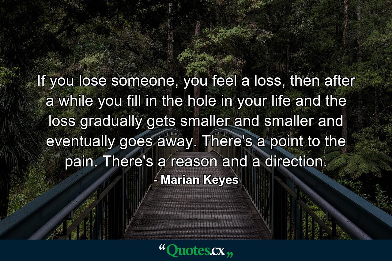 If you lose someone, you feel a loss, then after a while you fill in the hole in your life and the loss gradually gets smaller and smaller and eventually goes away. There's a point to the pain. There's a reason and a direction. - Quote by Marian Keyes