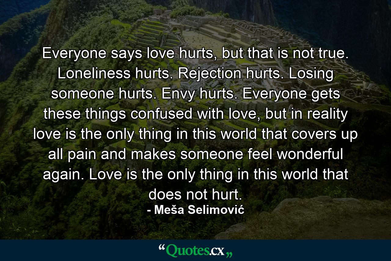 Everyone says love hurts, but that is not true. Loneliness hurts. Rejection hurts. Losing someone hurts. Envy hurts. Everyone gets these things confused with love, but in reality love is the only thing in this world that covers up all pain and makes someone feel wonderful again. Love is the only thing in this world that does not hurt. - Quote by Meša Selimović