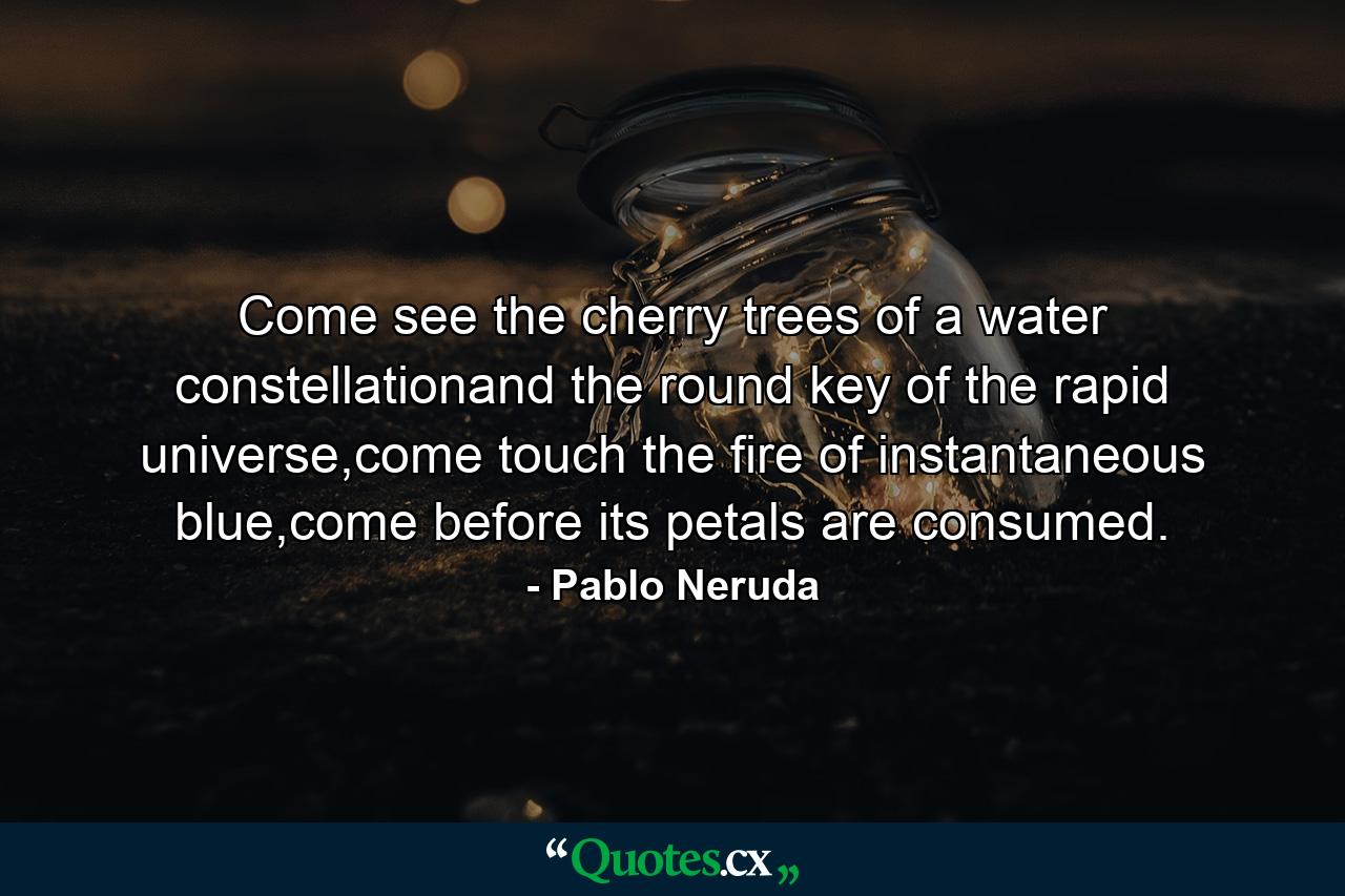 Come see the cherry trees of a water constellationand the round key of the rapid universe,come touch the fire of instantaneous blue,come before its petals are consumed. - Quote by Pablo Neruda