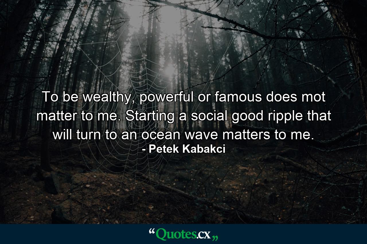 To be wealthy, powerful or famous does mot matter to me. Starting a social good ripple that will turn to an ocean wave matters to me. - Quote by Petek Kabakci