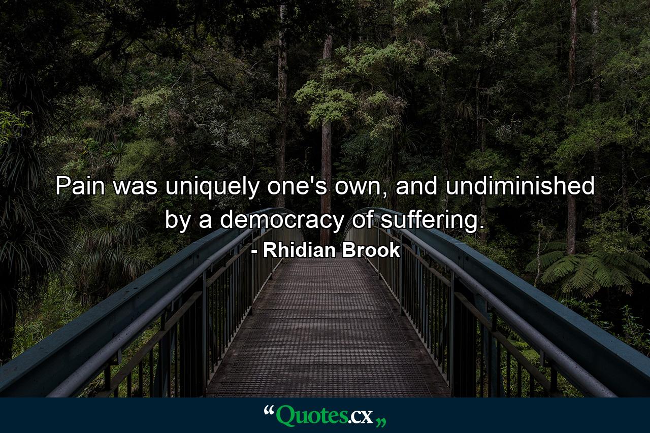 Pain was uniquely one's own, and undiminished by a democracy of suffering. - Quote by Rhidian Brook