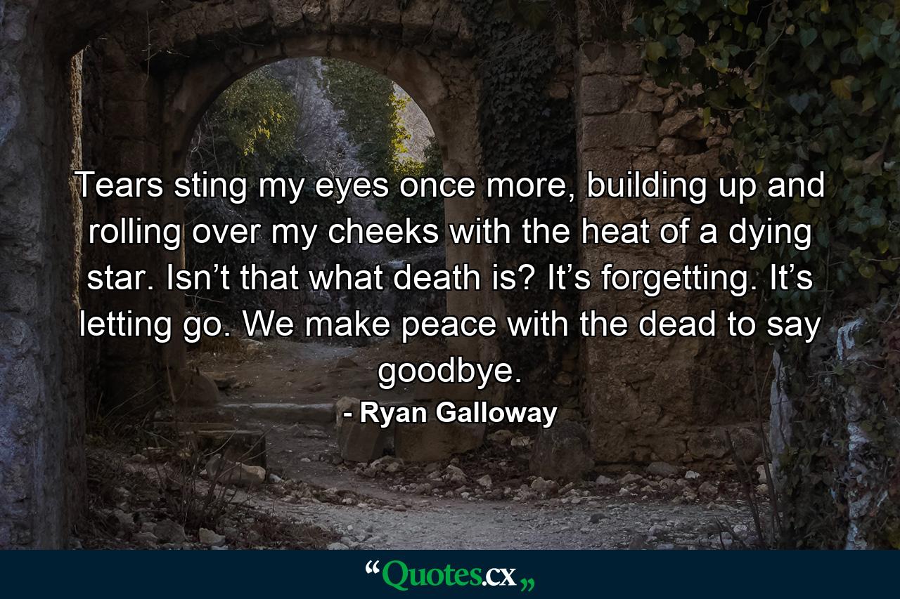 Tears sting my eyes once more, building up and rolling over my cheeks with the heat of a dying star. Isn’t that what death is? It’s forgetting. It’s letting go. We make peace with the dead to say goodbye. - Quote by Ryan Galloway