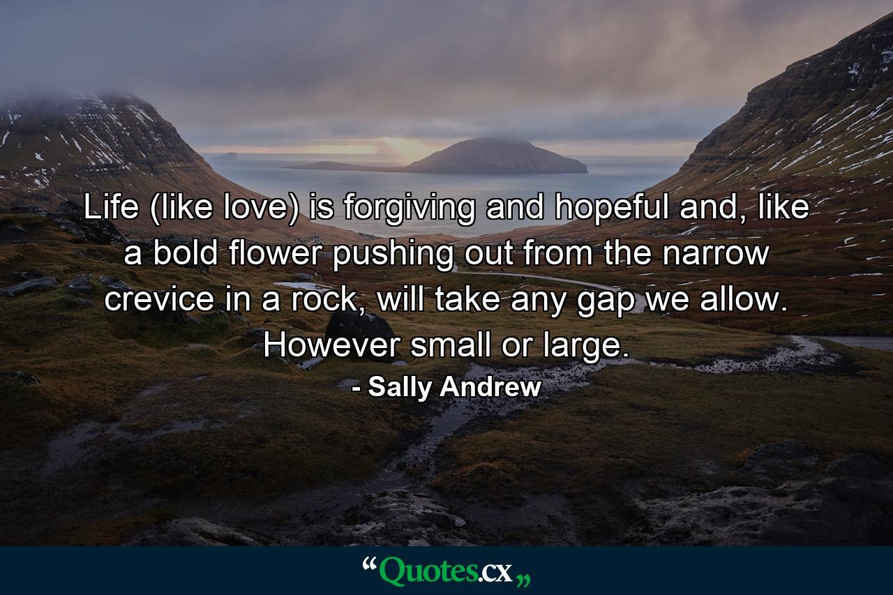 Life (like love) is forgiving and hopeful and, like a bold flower pushing out from the narrow crevice in a rock, will take any gap we allow. However small or large. - Quote by Sally Andrew